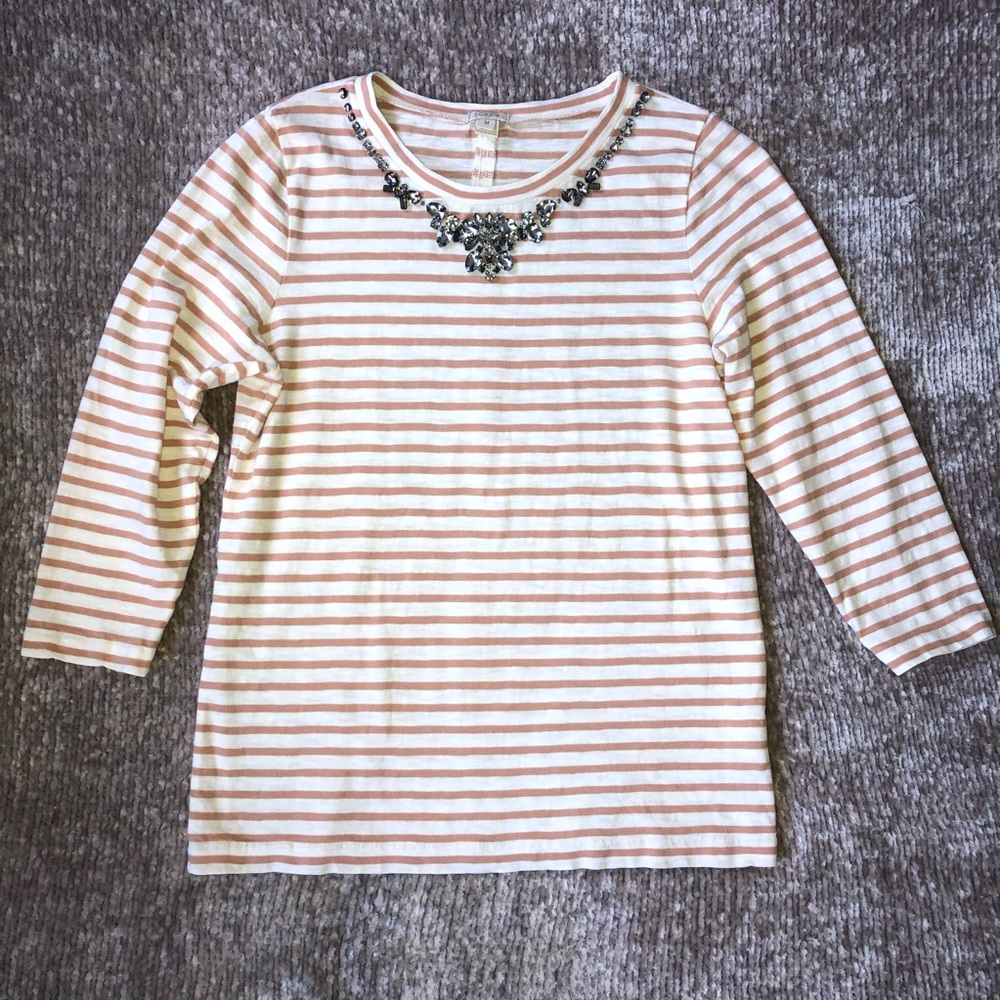 J.Crew Pink Stripe Jeweled 3/4 Sleeve Top